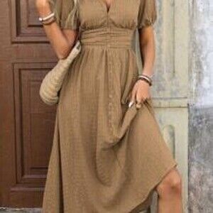 SHEIN Clasi Women's Waist Cinched Puff Sleeve Textured Material Dress